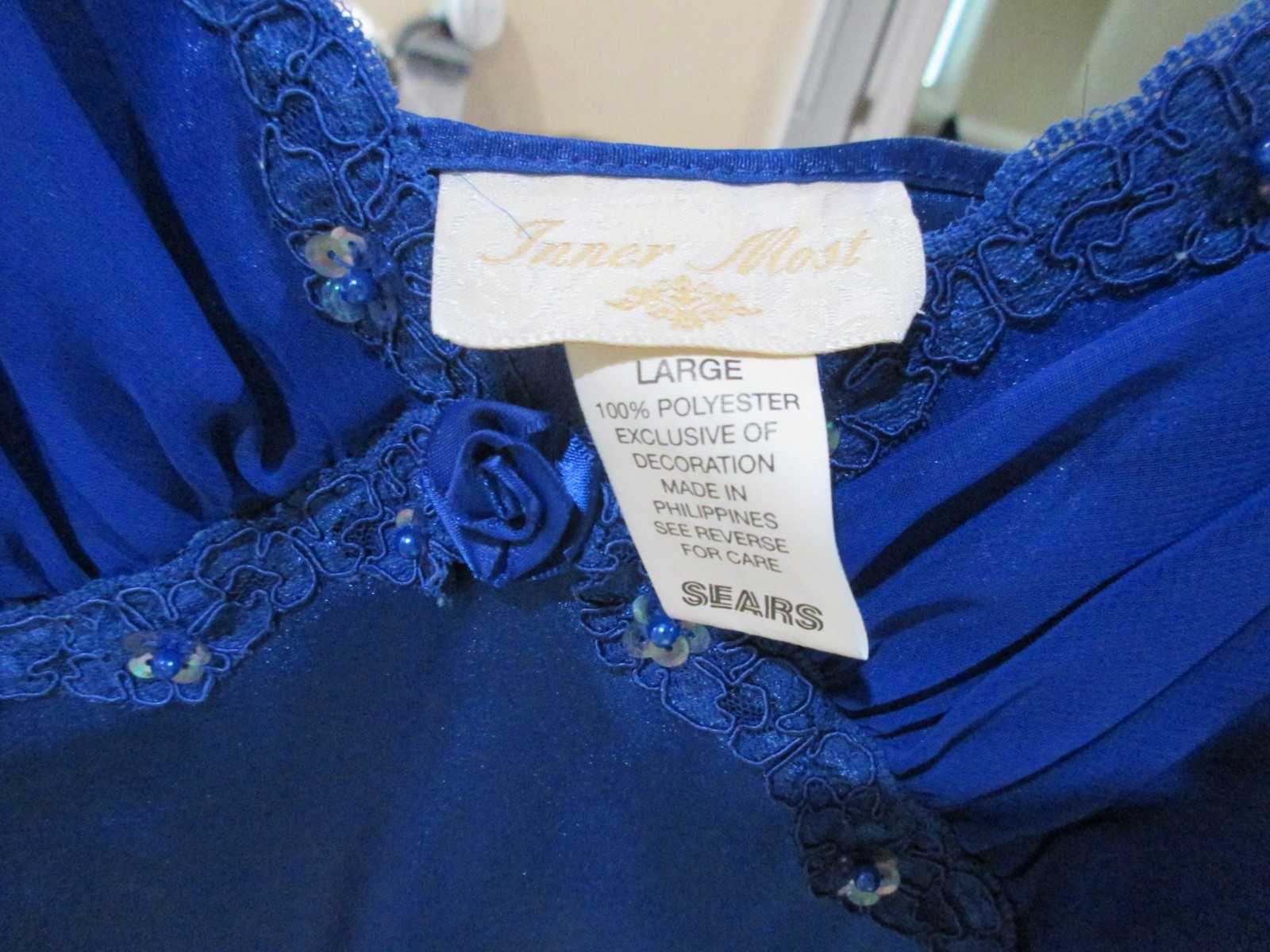 VTG 90’s SEARS INNER MOST BLUE SATIN W/ SEQUIN CHIFFON BODICE NIGHTGOWN SZ L