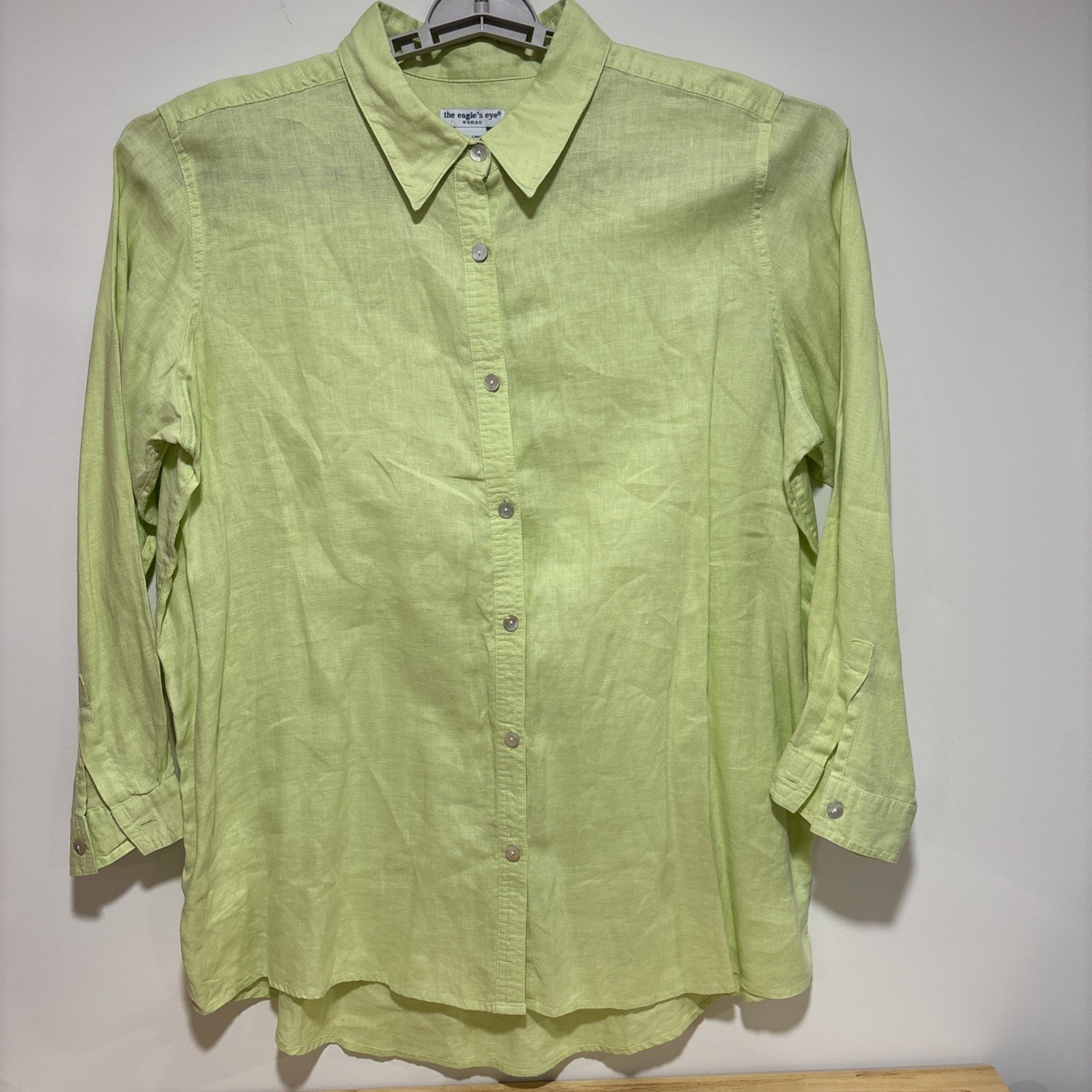 Eagle’s Eye Woman Neon Green Linen Blouse Tunic Length 3/4 Sleeve 1X FLAW