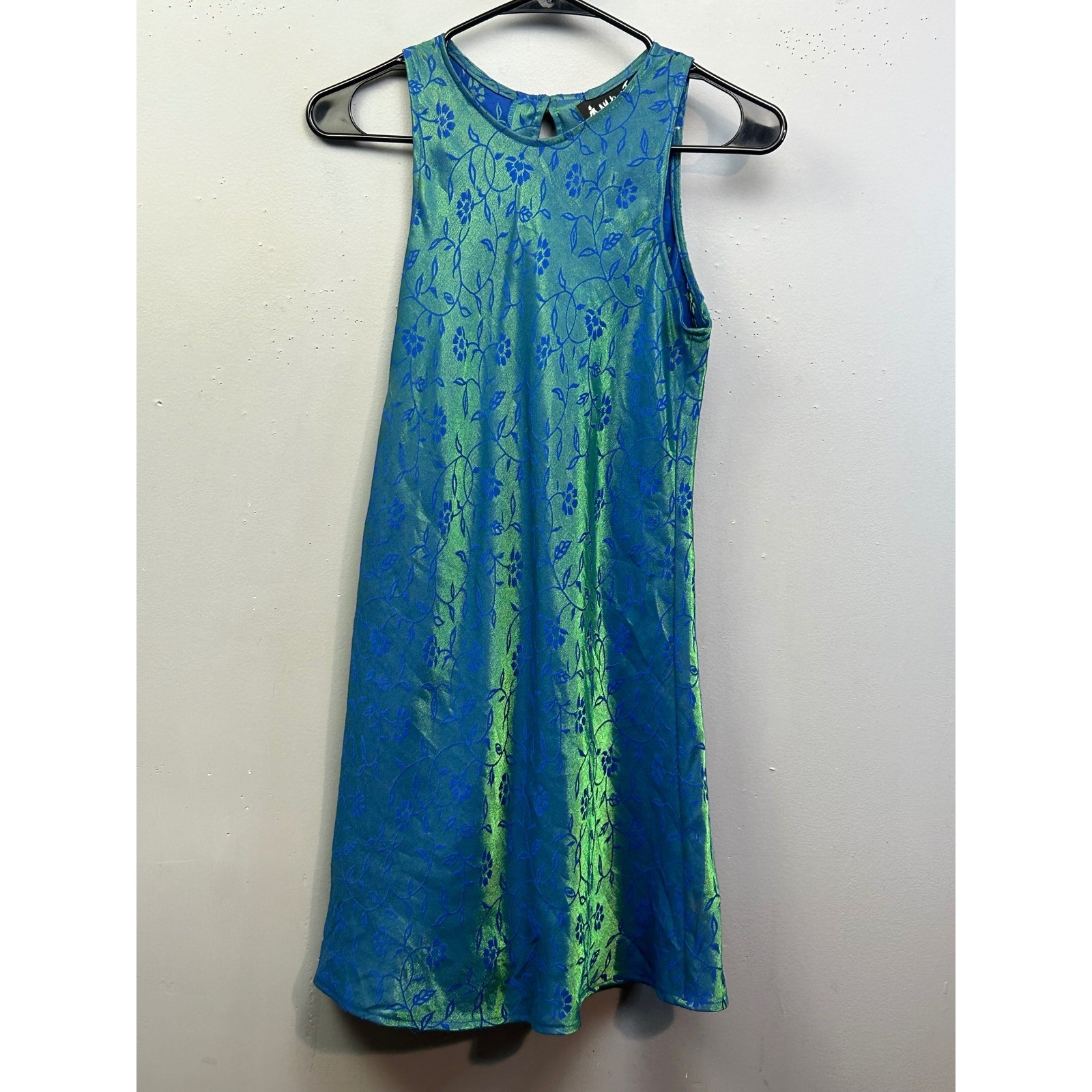 All That Jazz Dress Womens 3/4 Blue Green Iridescent Floral Shimmer Vintage Mini