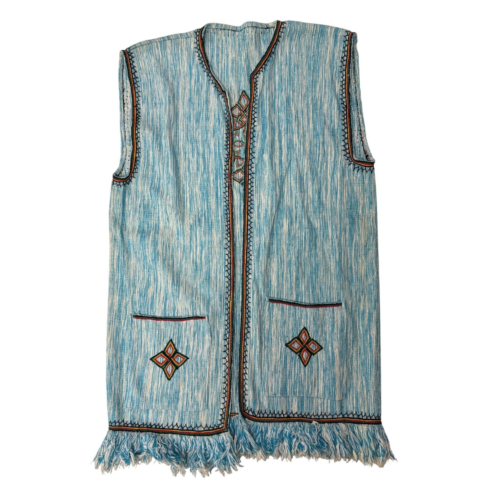 Vtg 70’s Hand EMBROIDERED Turquoise HIPPIE BoHo Gypsy Long FESTIVAL Vest OS