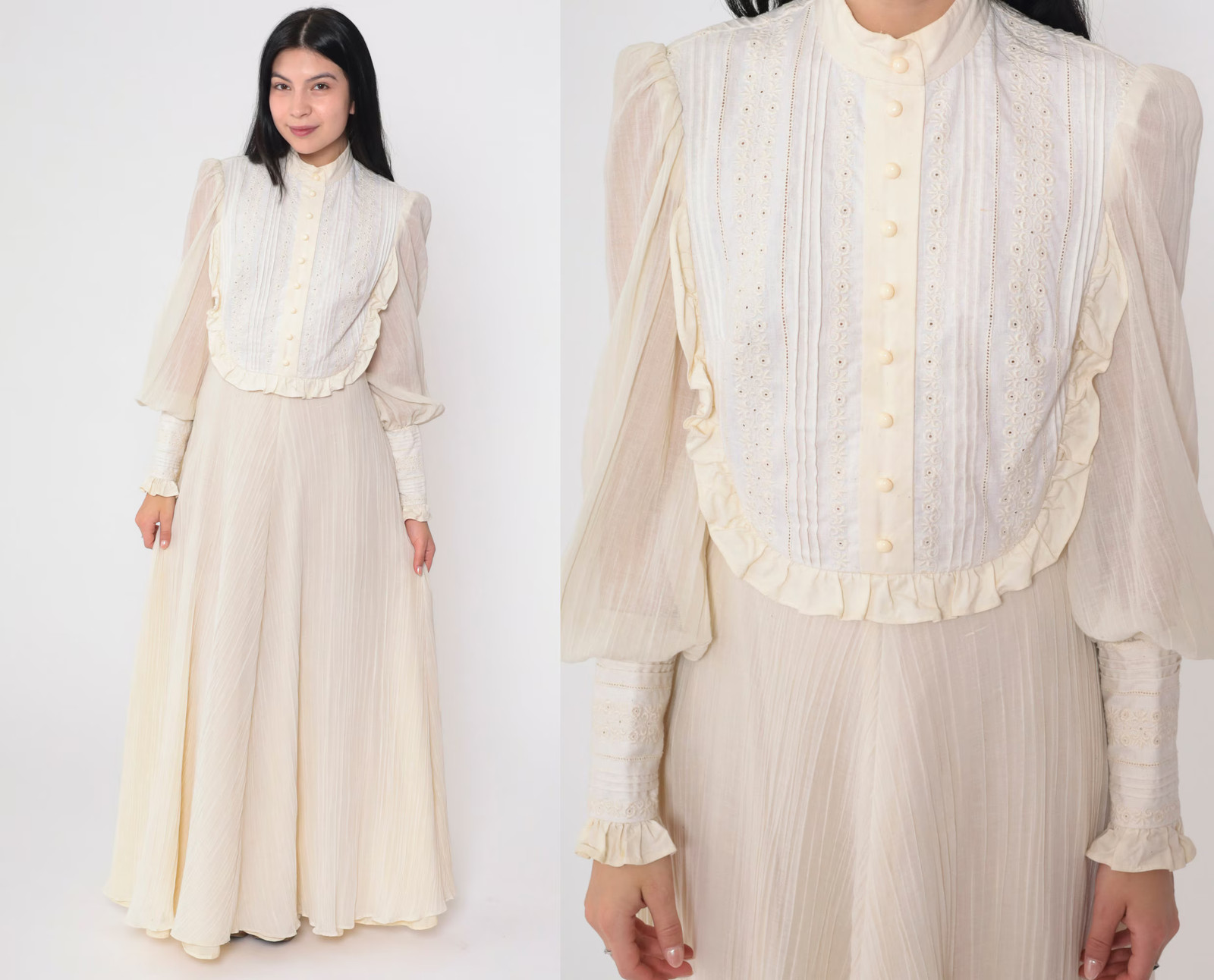 70s Prairie Dress Cream Victorian Maxi Dress Eyelet Lace Bib Puff Sleeve Cottage
