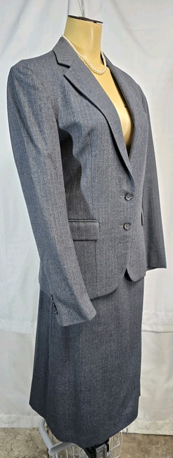 Anthony Allan Vinta Suit Skirt Jacket 2 Piece Set Grey Pink Pinstriped Sz 8 36