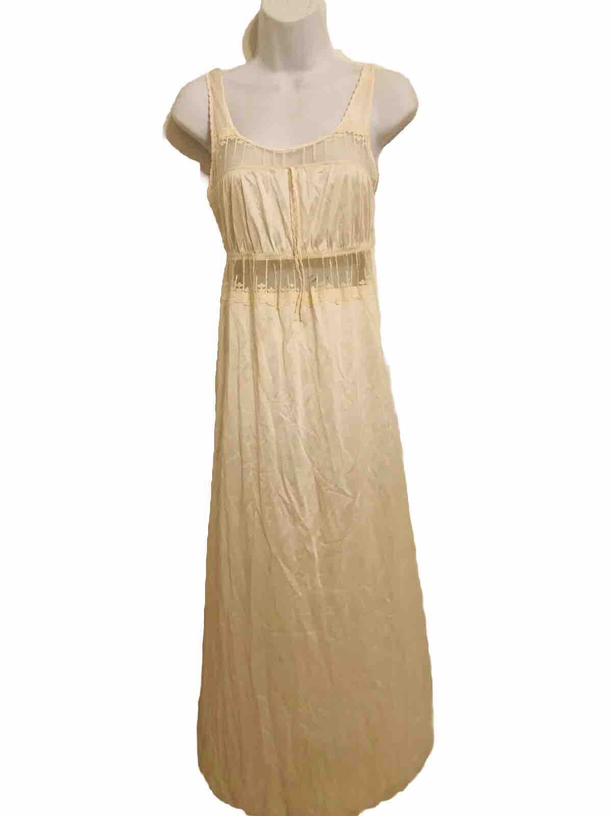 VTG Keynote Long Ivory Nightgown Made In UK Sheer Nylon Mesh Lace US S UK 10-12