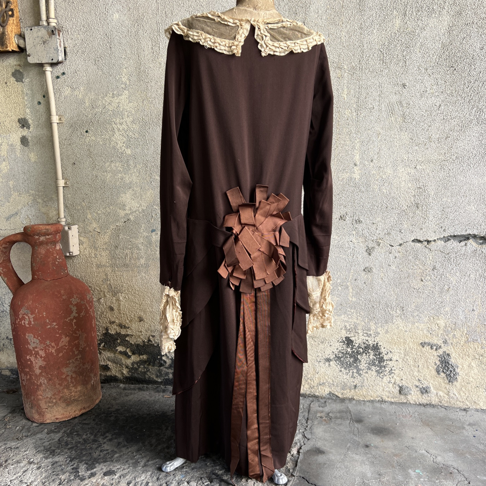 Antique 1920s Brown Wool & Cotton Dress Cream Net Lace Large Ribbon Bow Vintage