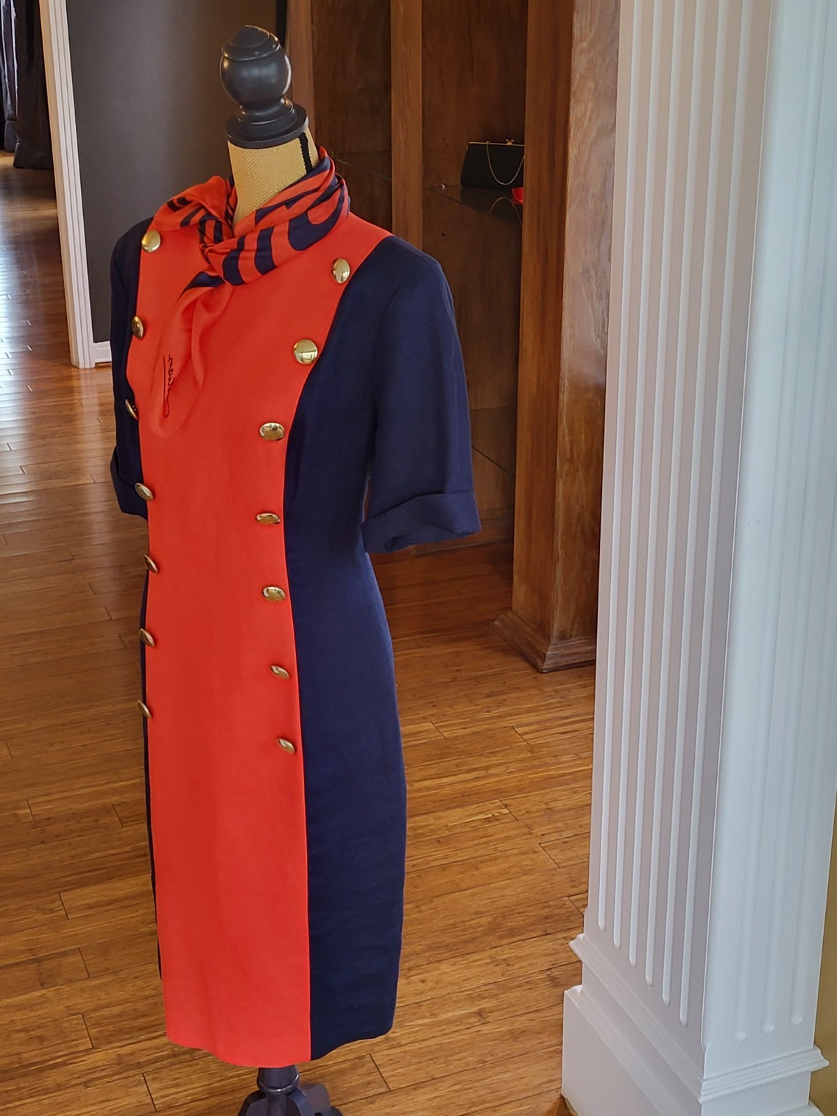 1980s Linen Colorblock Navy/Red Mid Length Dress Size 14