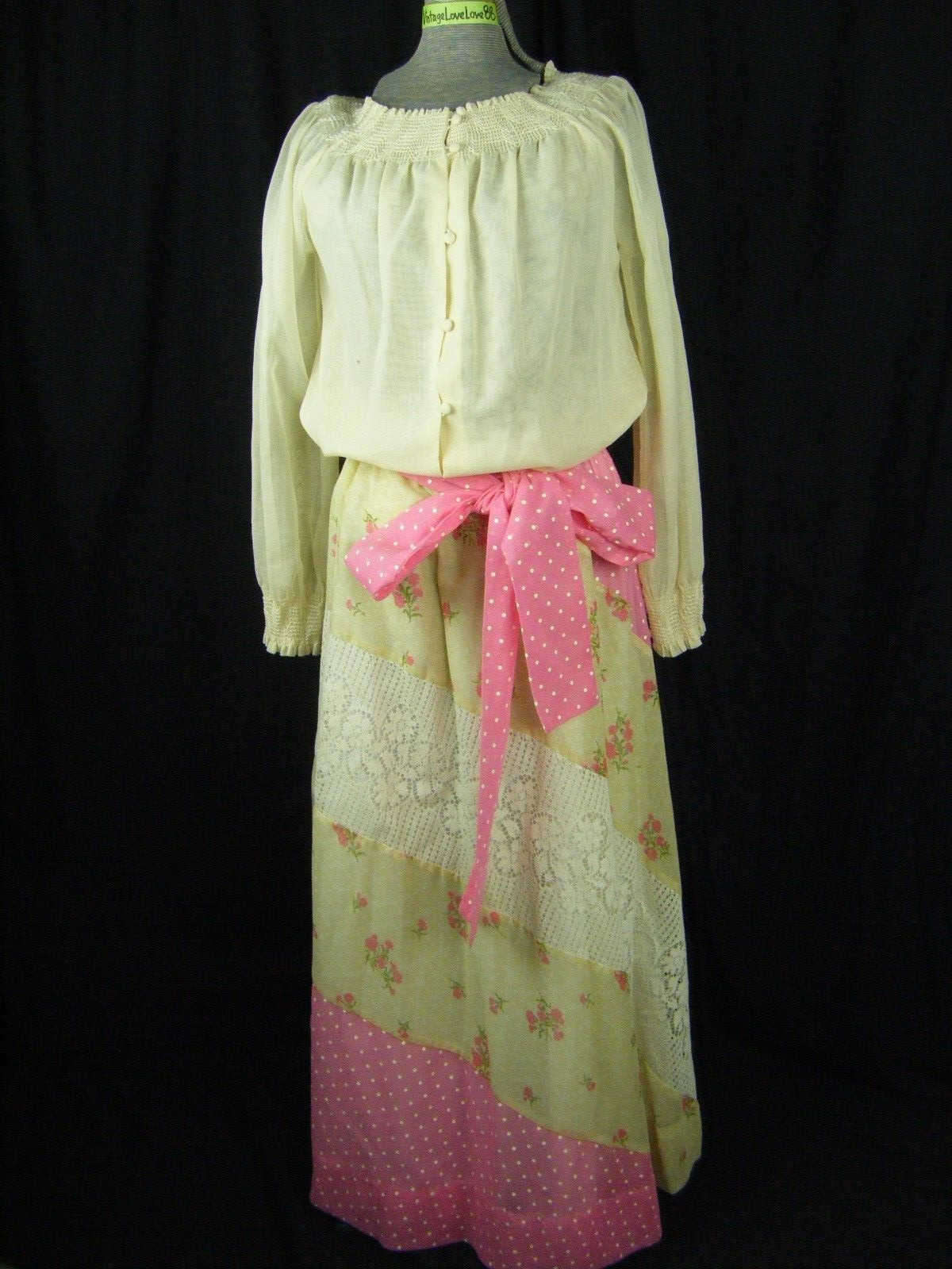 CHESSA DAVIS Vtg 70s Ivory/Pink Romantic Blouse Belt & Skirt-Bust 45/Waist 25-30
