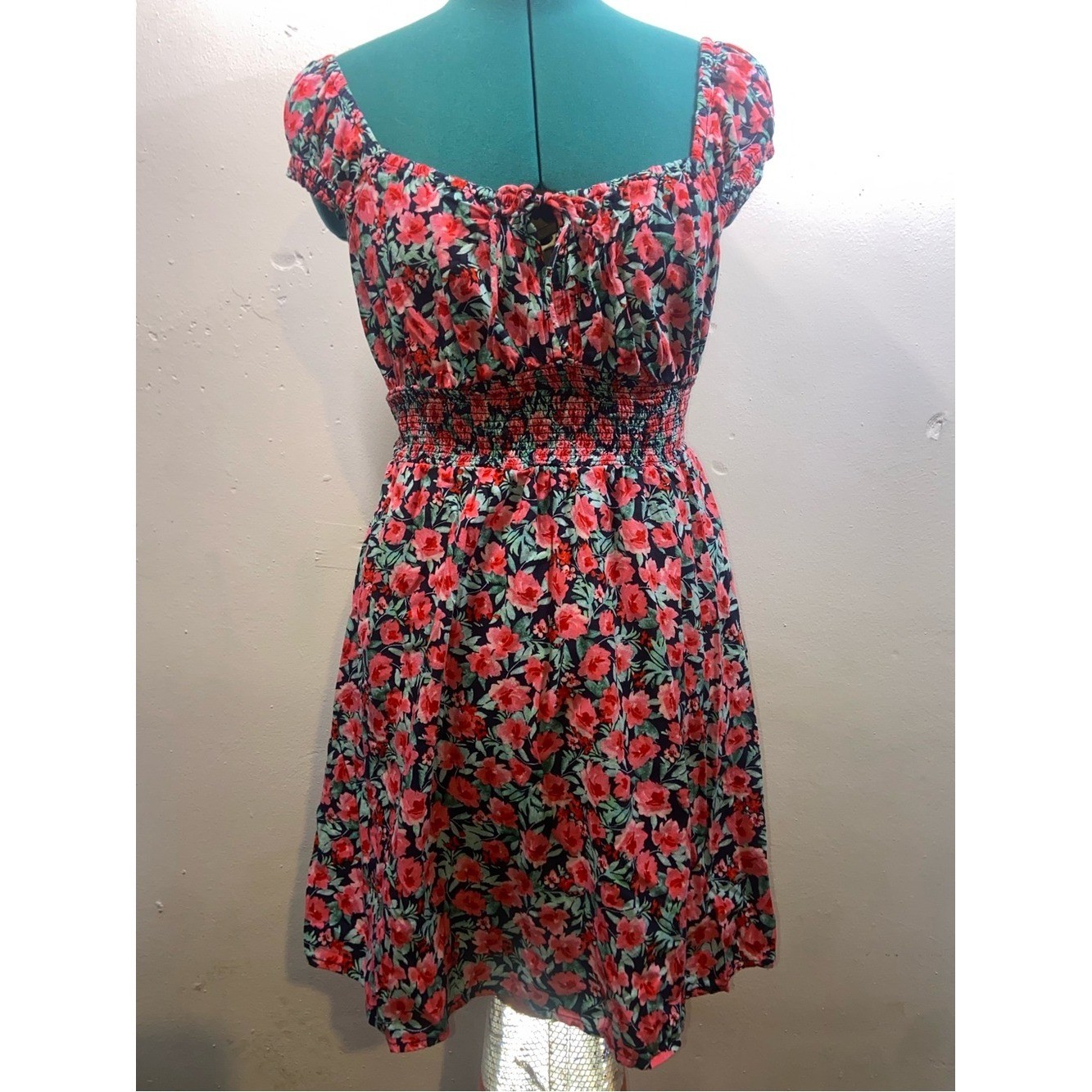 Old Navy Cottagecore Chintz Tomato Girl Twee Floral Pink and Green Sun Dress