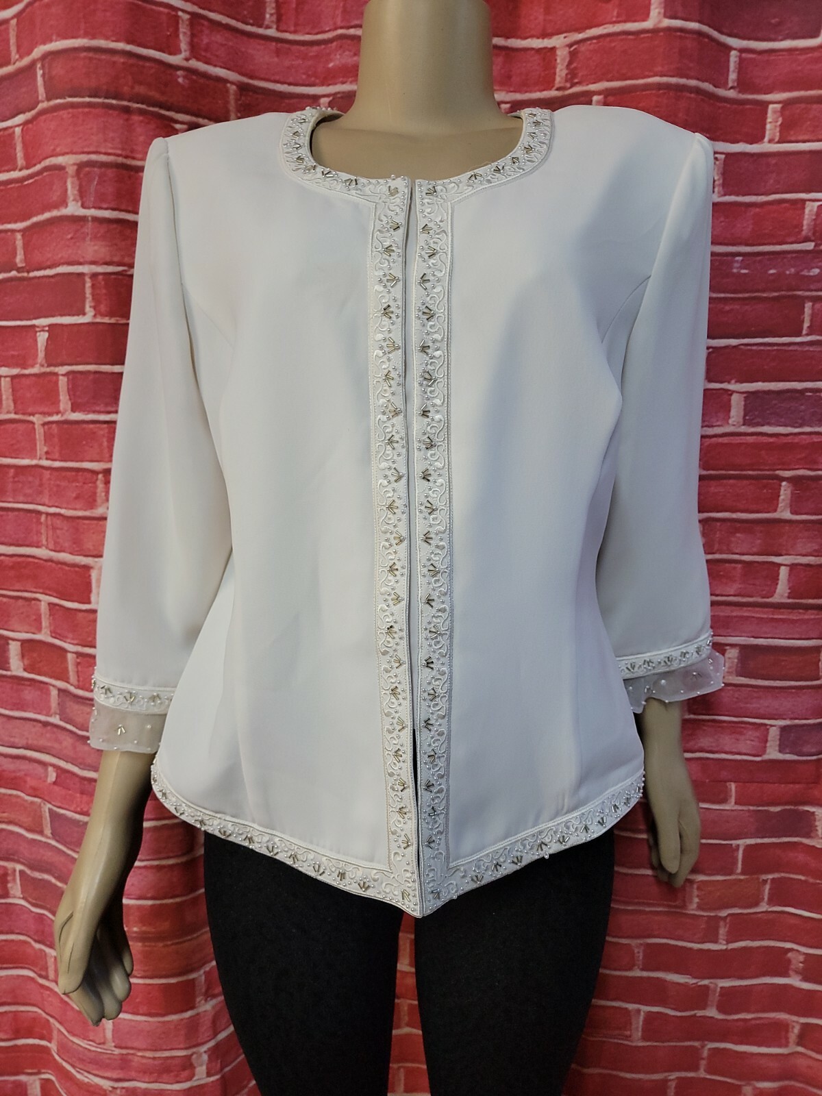 Plaza South Ivory Size 16P Embellished Women’s 3/4 Sleeve Jacket Blazer EUC #01