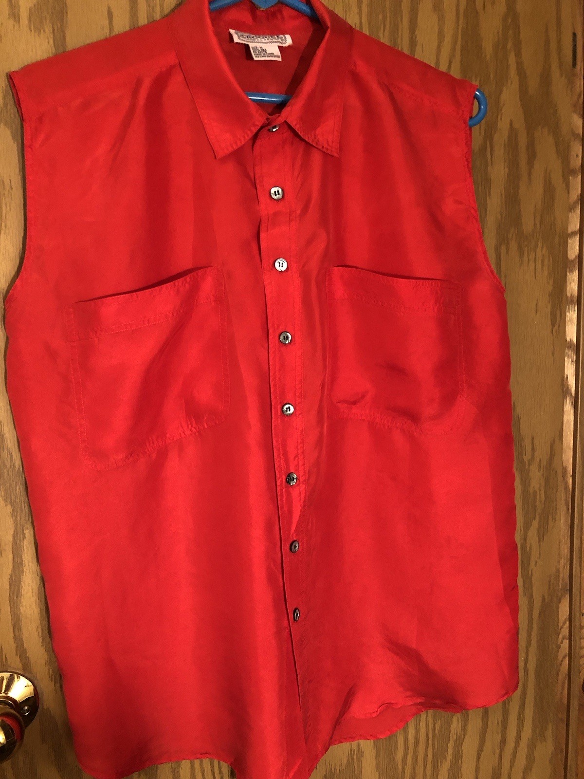 Womens Size M 100% Silk Sleeveless Red Button Up 21 Chest Pocket Blouse 30 Long