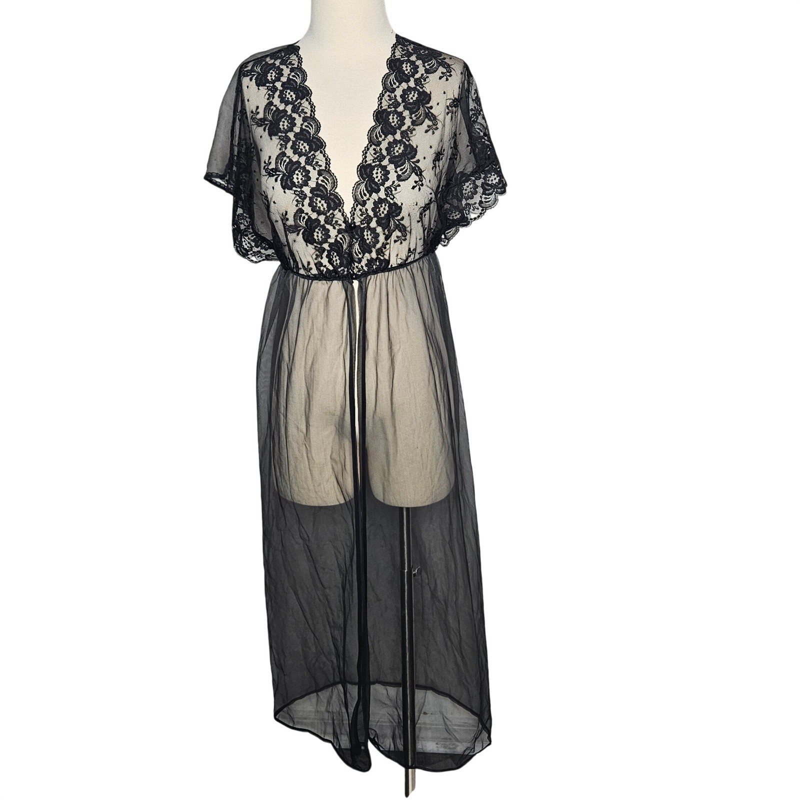 Vintage ILGWU Black Sheer Mesh Lace Maxi Robe Duster Women Medium Made in USA