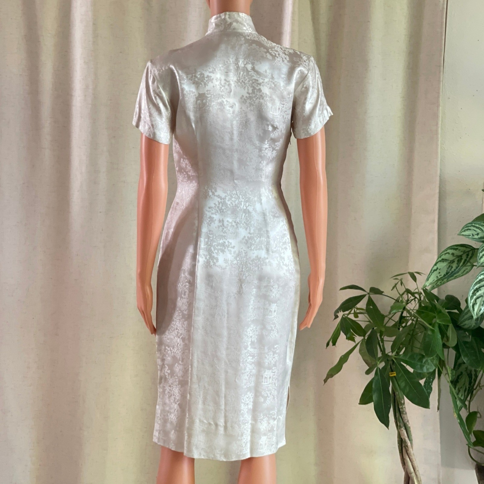 Vtg 60s Hong Kong Co Ivory White Brocade Cheongsam Qipao Dress Mandarin Collar S