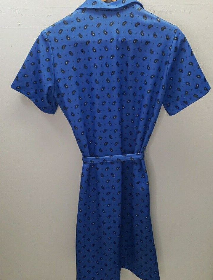 VTG Nancy Frock Wear Anywhere Dress Sz 14 Blue Floral Paisley Short Sleeve Belt
