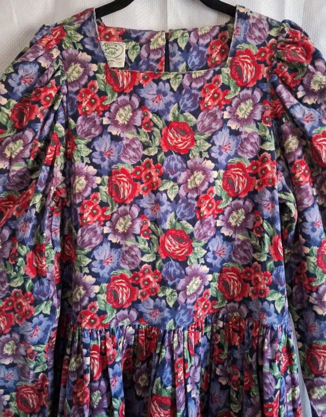 VTG 1990s Laura Ashley Blue Red Purple Floral Puff Sleeve Corduroy Dress 10