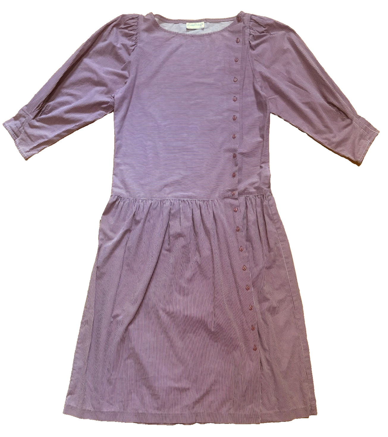 VINTAGE EILEEN WEST PURPLE & WHITE STRIPE DROP-WAIST BUTTON FRONT DRESS, SIZE 8