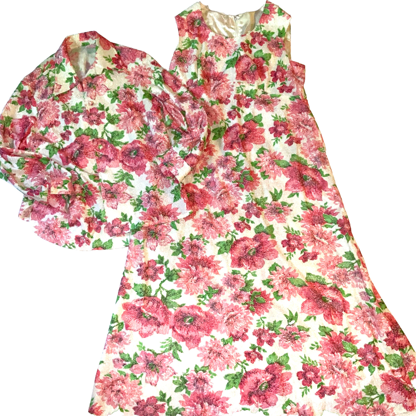 Vintage 60s maxi dress shirt set Womens size 18 XL floral metallic pink green