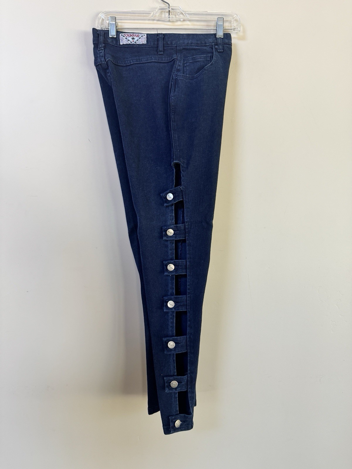NWT 1980s VTG TRAFFIC Cutout Ladder Strap Rock Band Chick Dark Blue Jeans 9/10