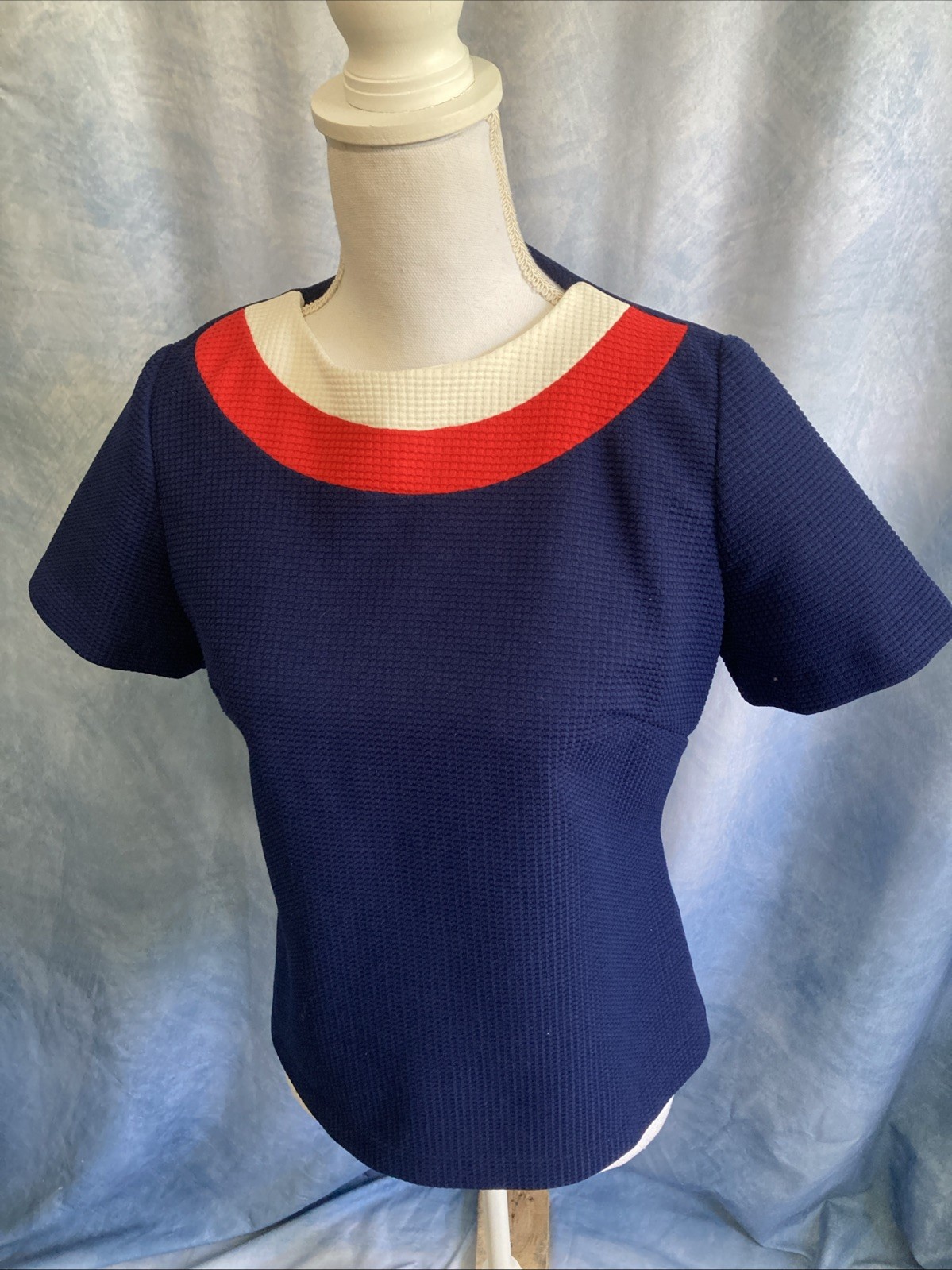 Vtg 70s Sears Perma-Prest Nautical Top Navy Blue Red White Mod Polyester Sz 14.5