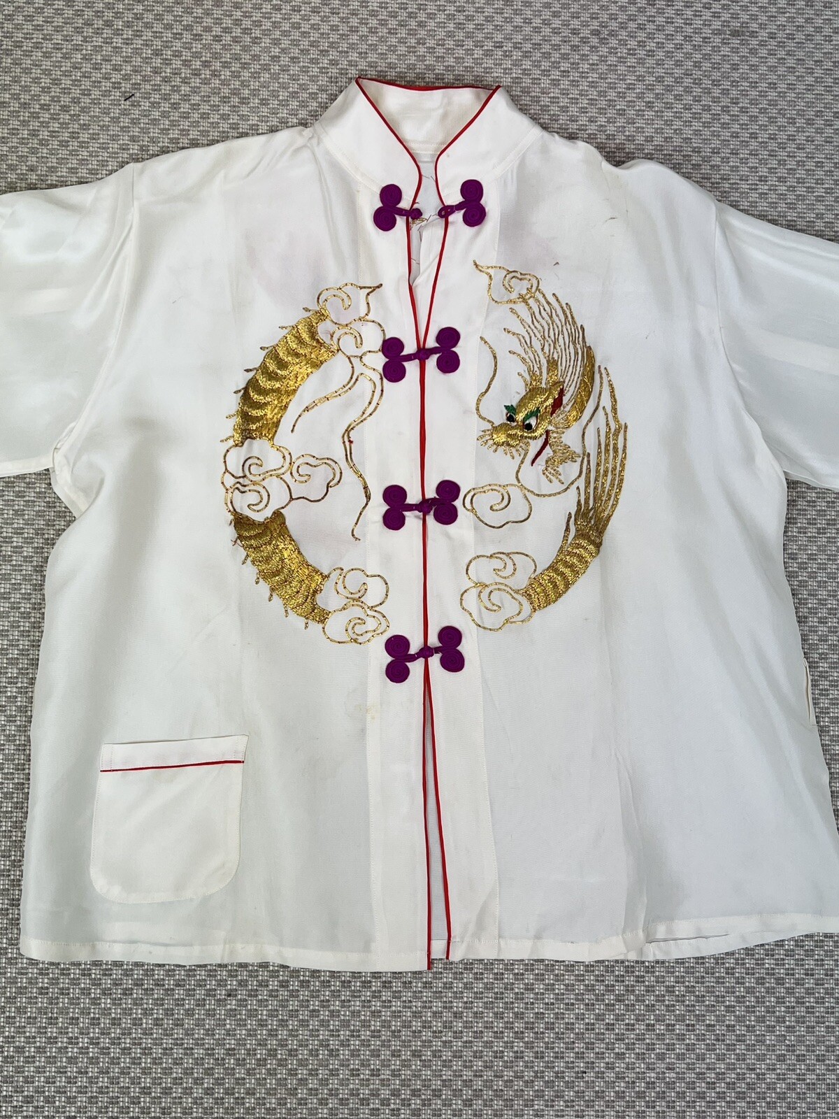 1940s Vintage Asian Japanese White gold Embroidered Dragon Pajama pant top set