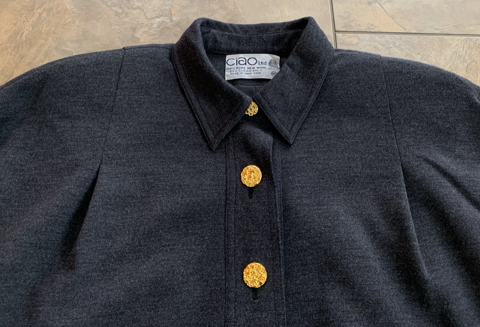 Vintage 80s Ciao Ltd Wool Shirt Dress Women’s 14 Gray Gold Buttons Shoulder Pads