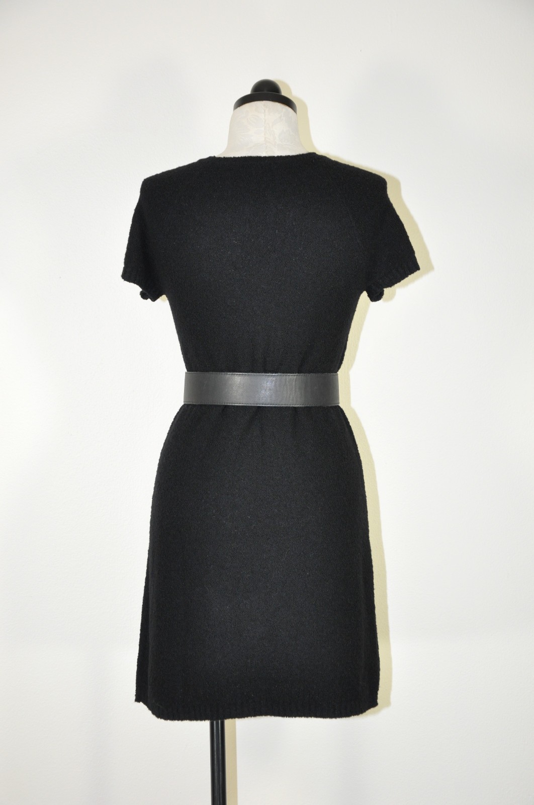 90s Vintage DKNY Black Wool Mohair Short Sleeve Knit Sweater Mini Dress Women S