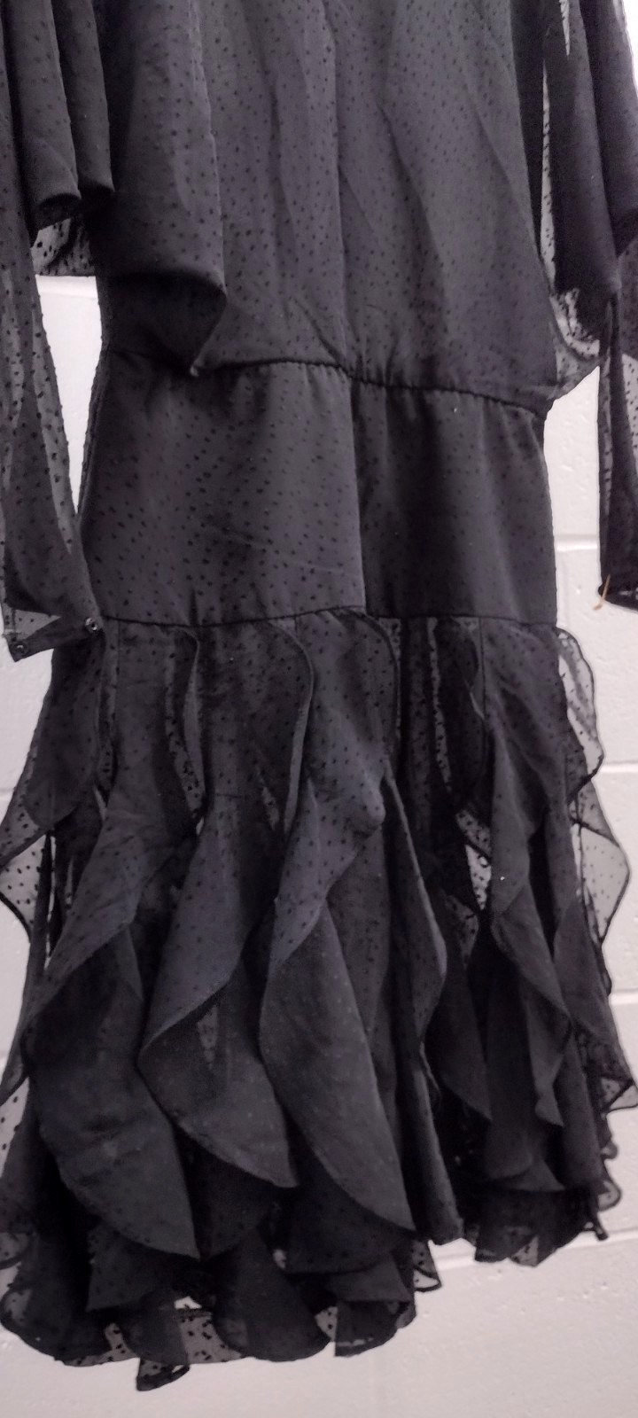 80s Batwing Sheer Chiffon Dress Black Flapper Scallop 80s Dolman Sleeves M/L