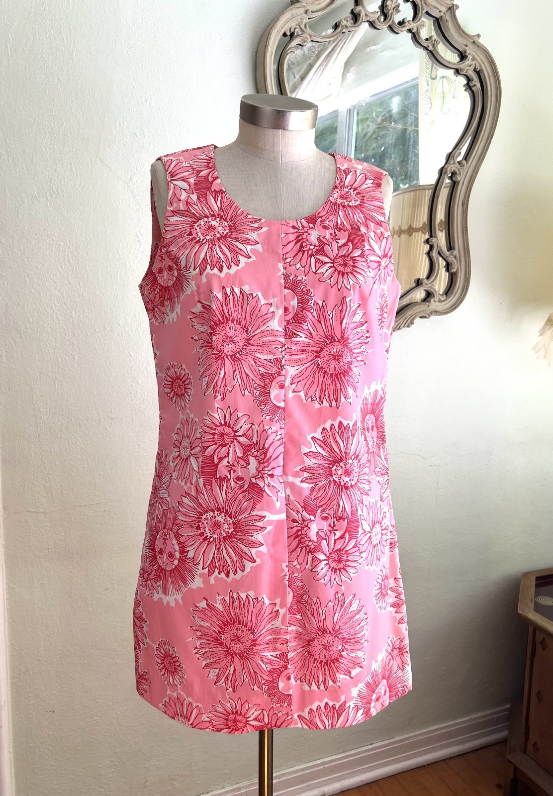 KEY WEST HAND PRINT FABRICS 70s Vintage Shift Dress Top Pink Sun Suzie Zuzek S M