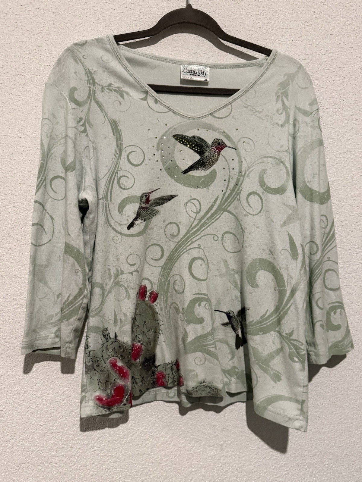 Vintage Shirt Cactus Bay Size 2XL XXL 90s Bedazzled Hummingbirds Cotton Made USA