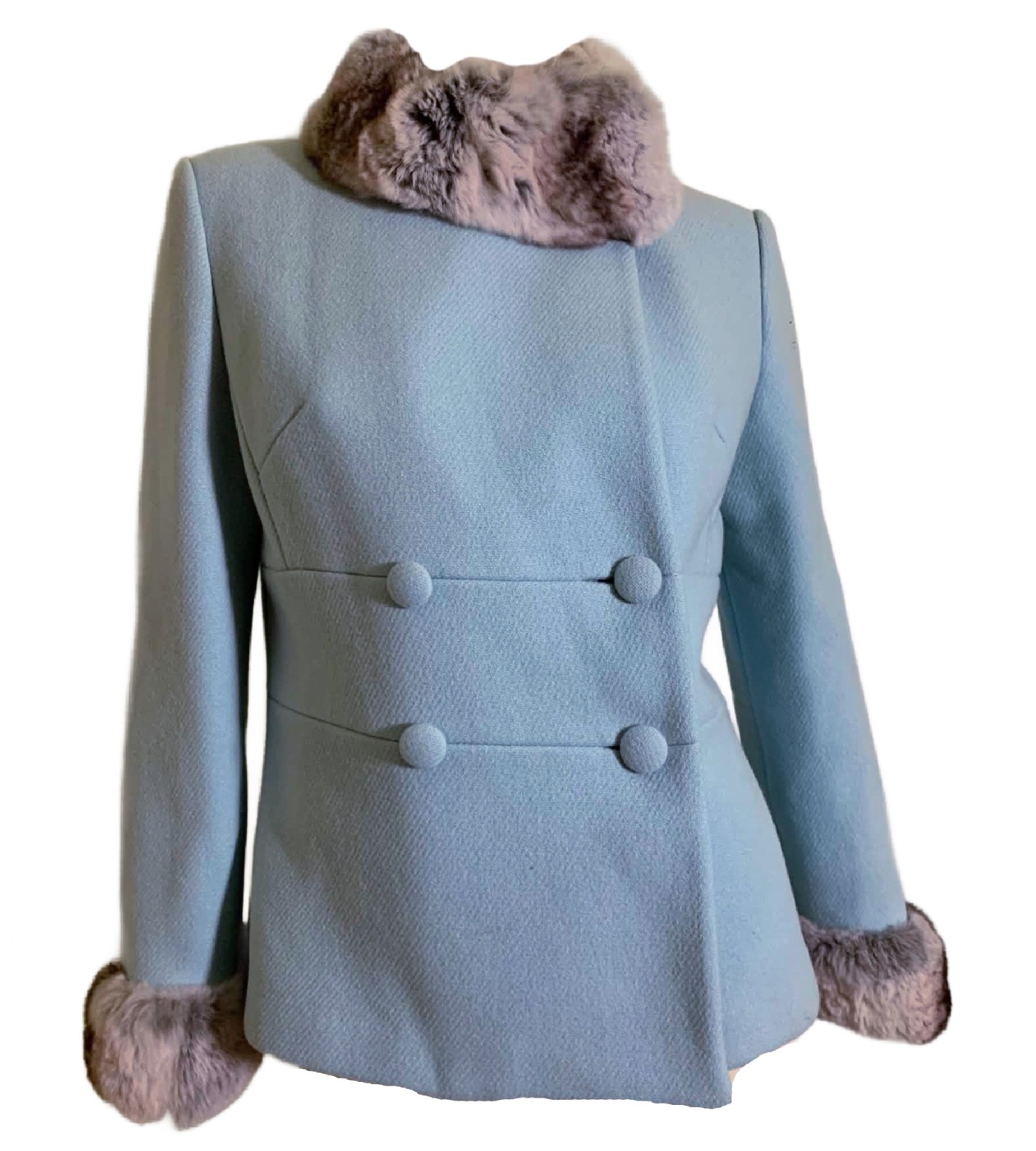True Vintage Robin’s Egg Blue Wool 1960s Jacket Chinchilla Fur Trim S