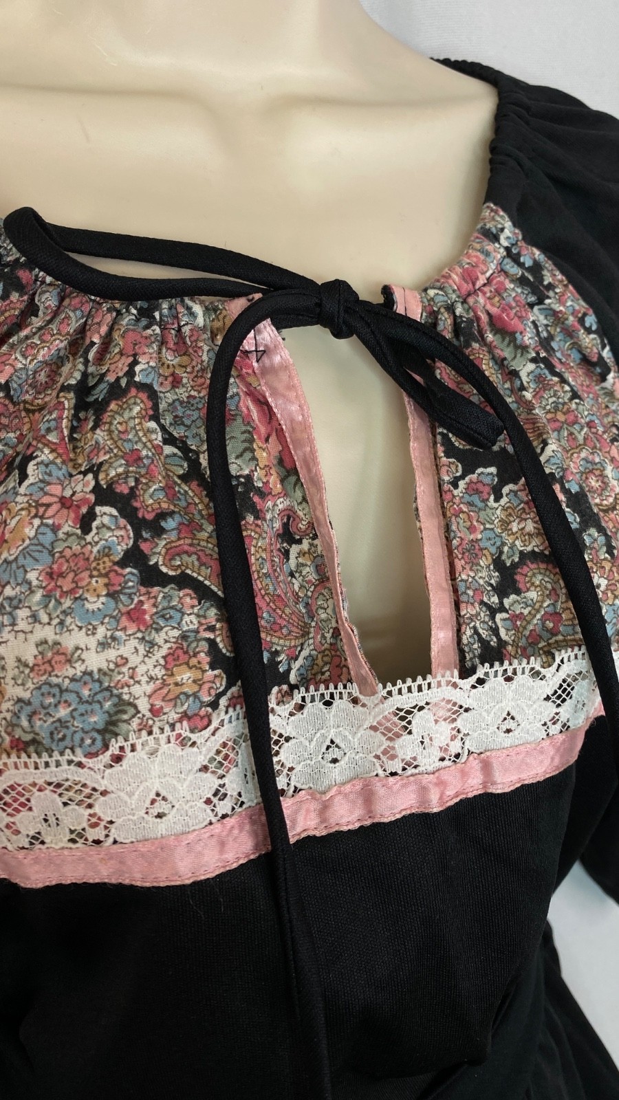 Vintage 1970s black tiered dress M 2 piece pink floral midi top shirt skirt set