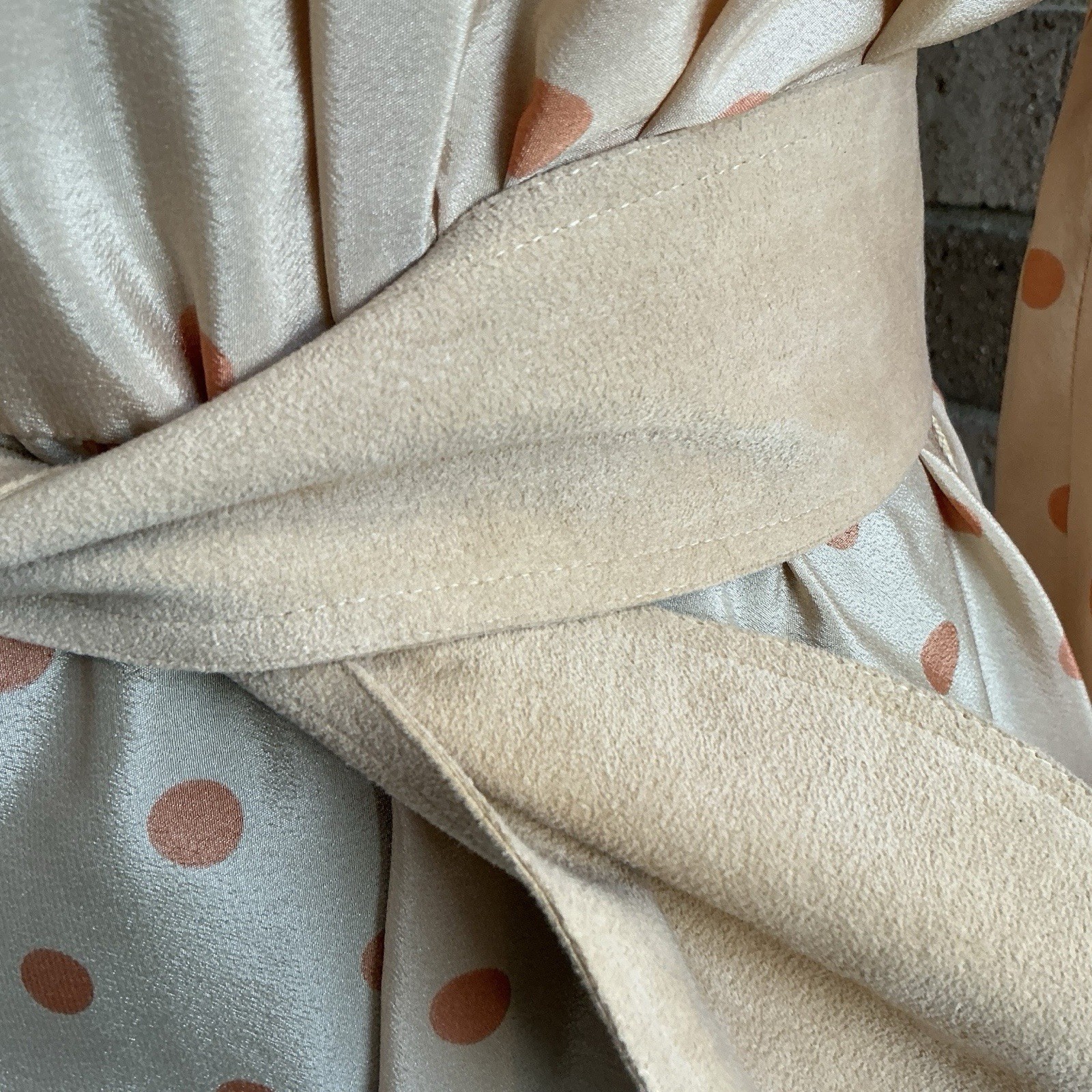 70s VTG Peach Polka Dot Belted Midi Dress Size M Blouson Sleeve Zip Back #1102