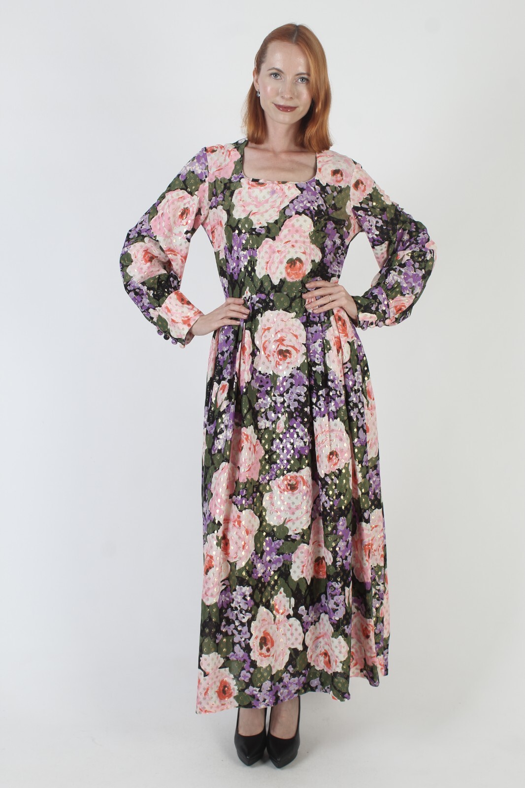 Vtg 70s Gold Metallic Dress Long Floral Cocktail Party Evening House Lounge Gown
