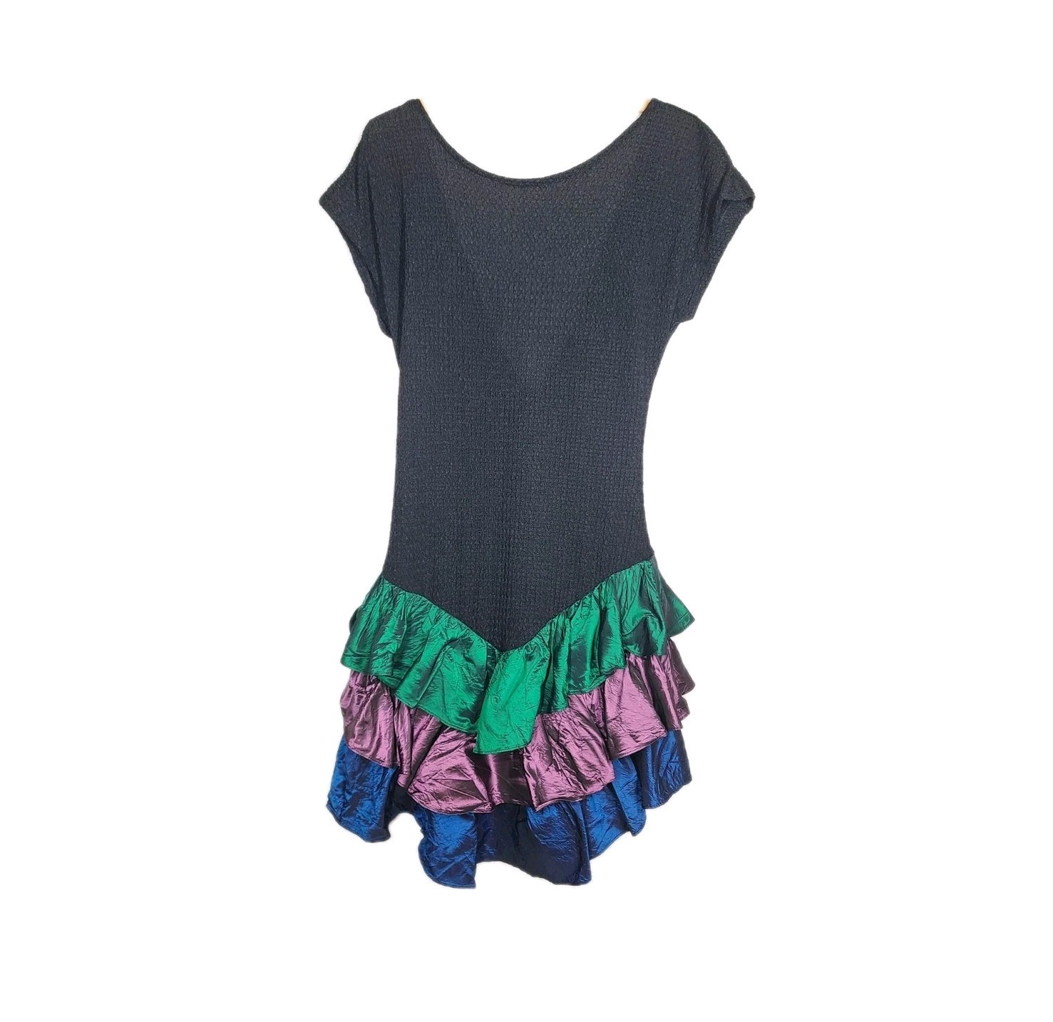 90s Metallic Party Dress L Tiered Lame Skirt Stretch Knit Low Back Steppin Out