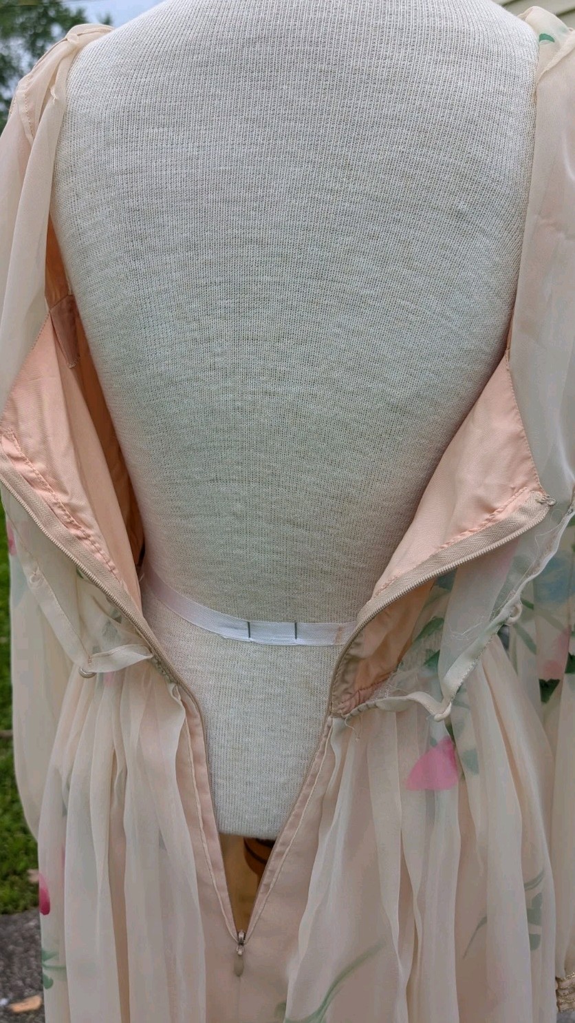 Vintage MIGNON Silk Chiffon Dress XS Sheer Floral Gold Trim Illusion Gown 70s