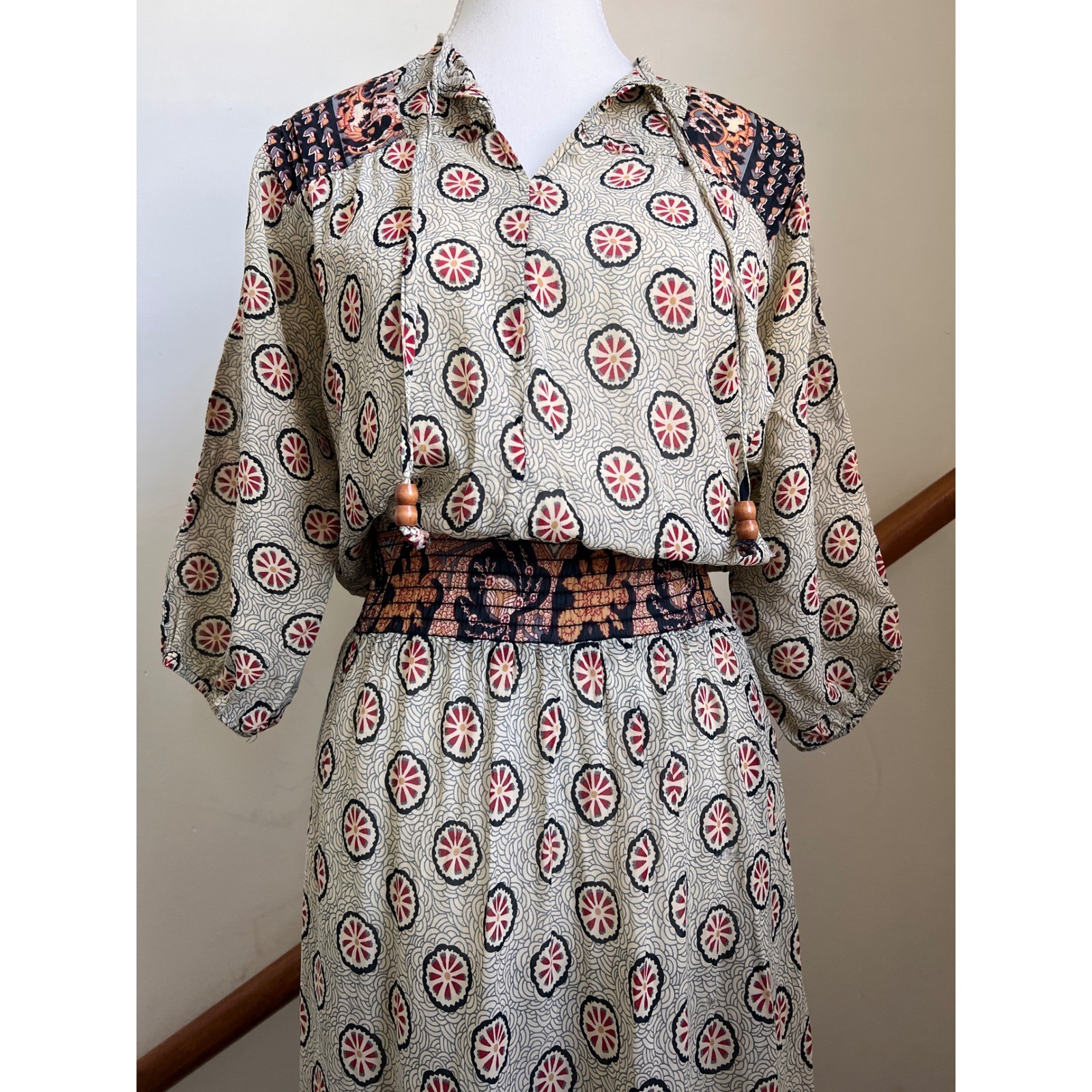 Vintage 70s Midi Dress Boho Smocked Waist Semi Sheer Peasant Batik Block Print