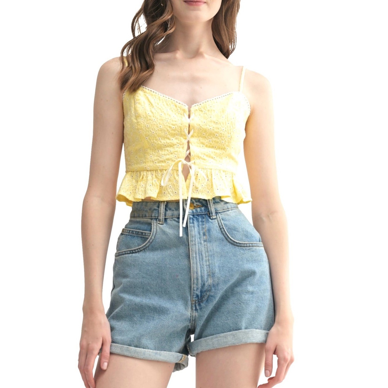 All in Favor Yellow Eyelet Lace-Up Peplum Cottagecore Cami Top-Size Large