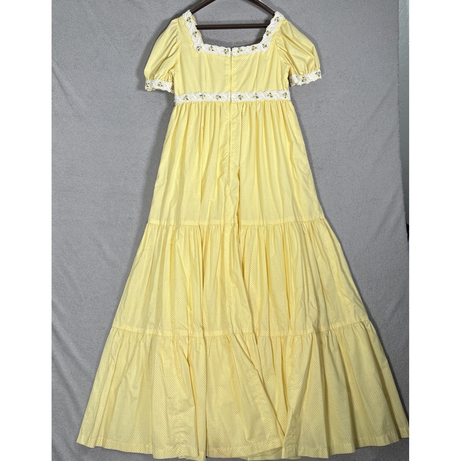 Vintage Yellow Polka Dot Prairie Maxi Dress Lace Trim Cottagecore Puff Sleeve