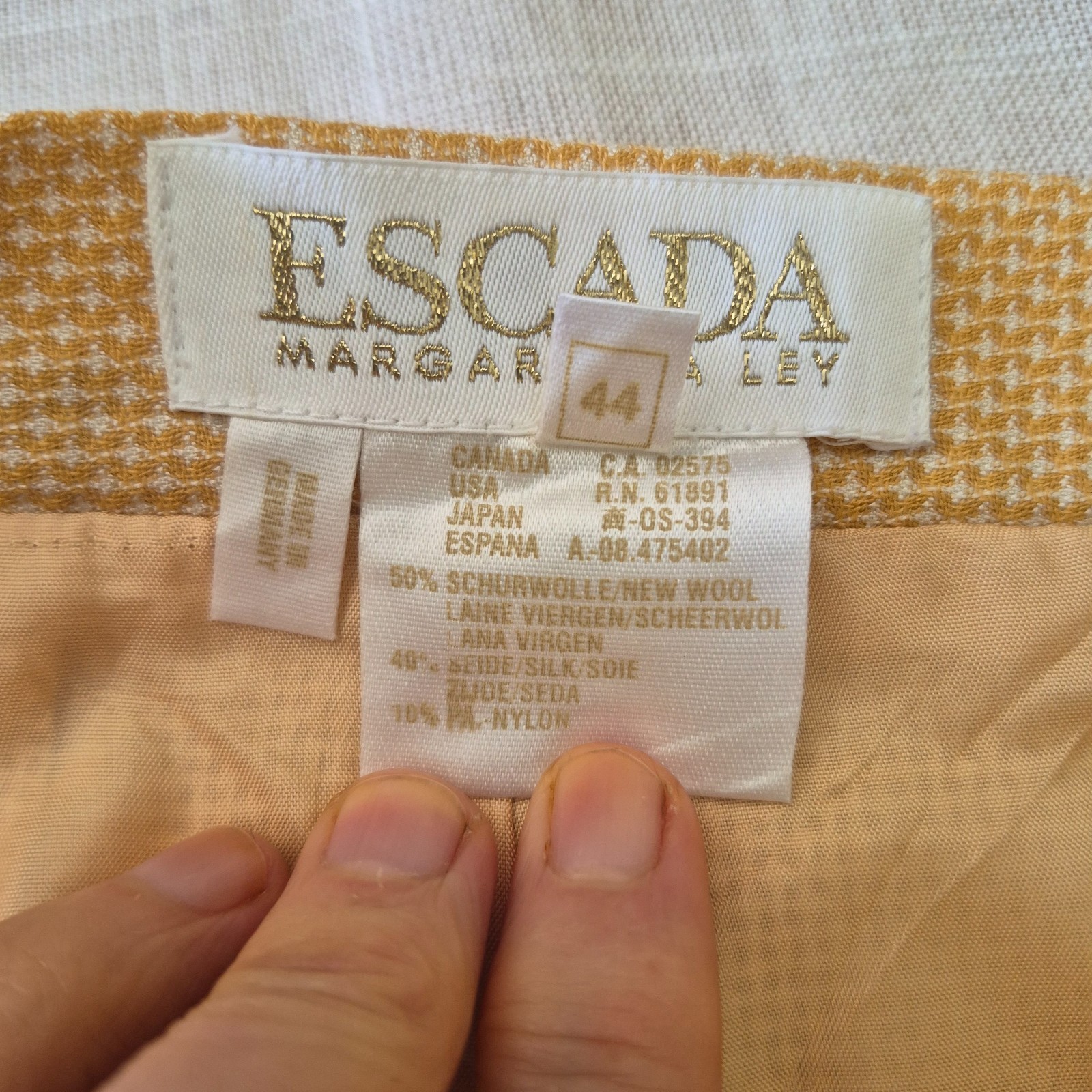 Vintage Escada Margaretha Ley Wool Silk Skirt EU 44 AU 16 Beige Lined Career Cla