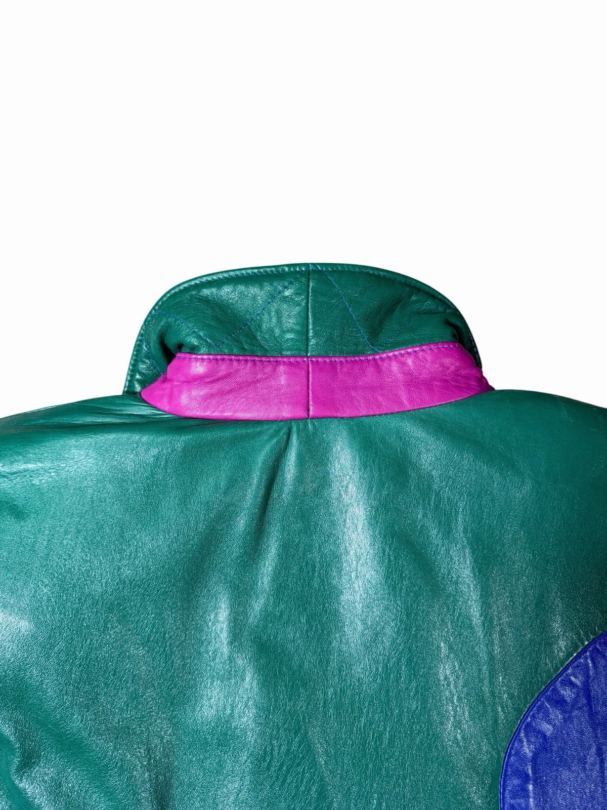 Vintage 80s Pano Sereti Color Block Leather Bomber Jacket Blue Green Pink Large
