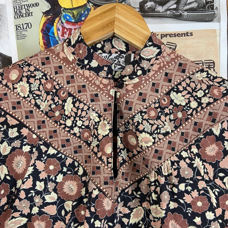Vintage Women’s 70s Brown Floral Foxy Lady Long Sleeve Boho Western Dress Size 2