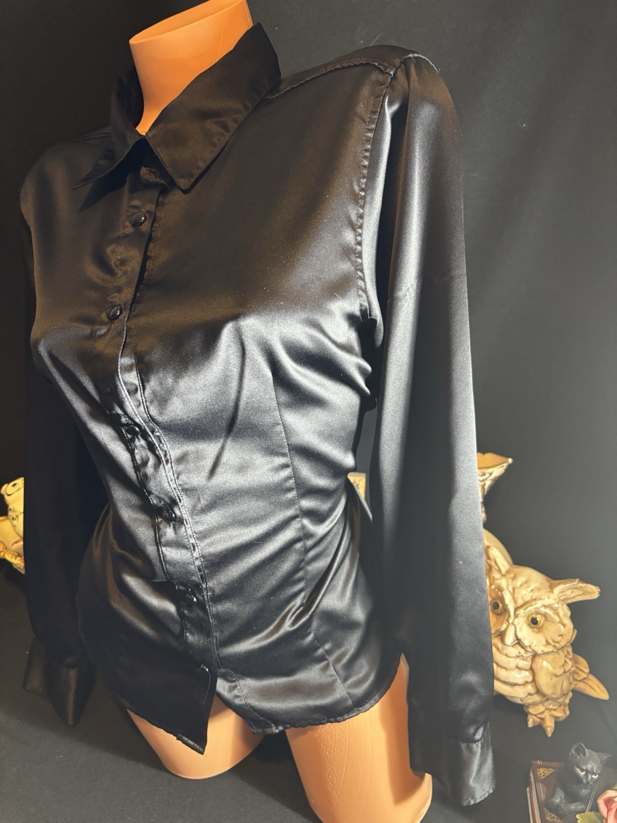 Satin Shiny CUFFS Shirt Notch Collar OFFICE BUTTON UP BLOUSE 12