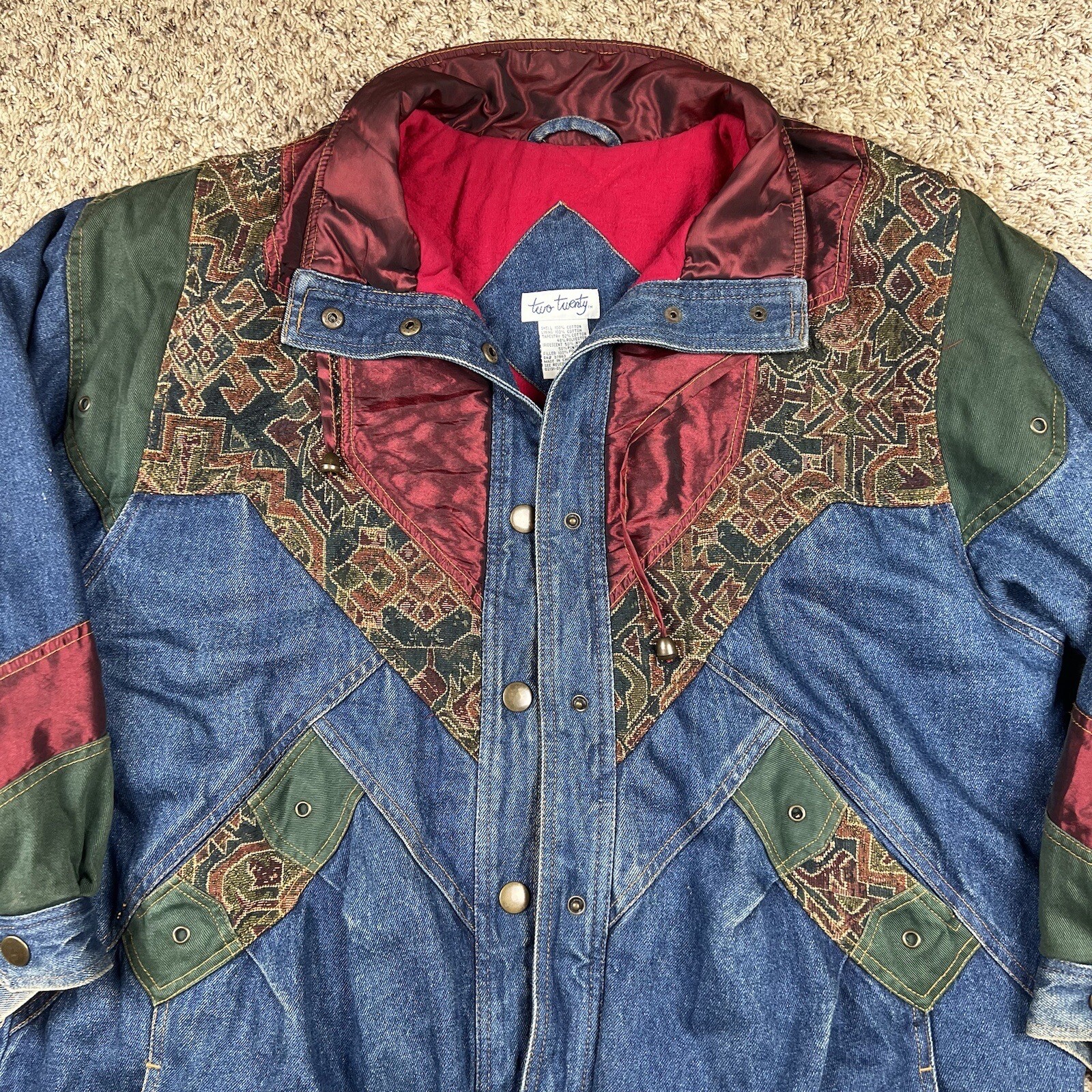 Vintage 90s Two Twenty Women’s Blue Denim Patchwork Winter Lined Jacket XL Long