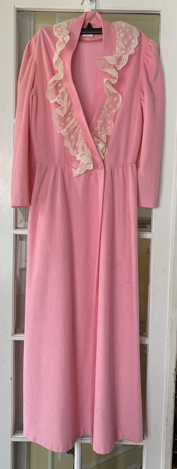Vintage Loungecrest Pink Lace Collar Housedress Robe Open Bottom Sze S-10