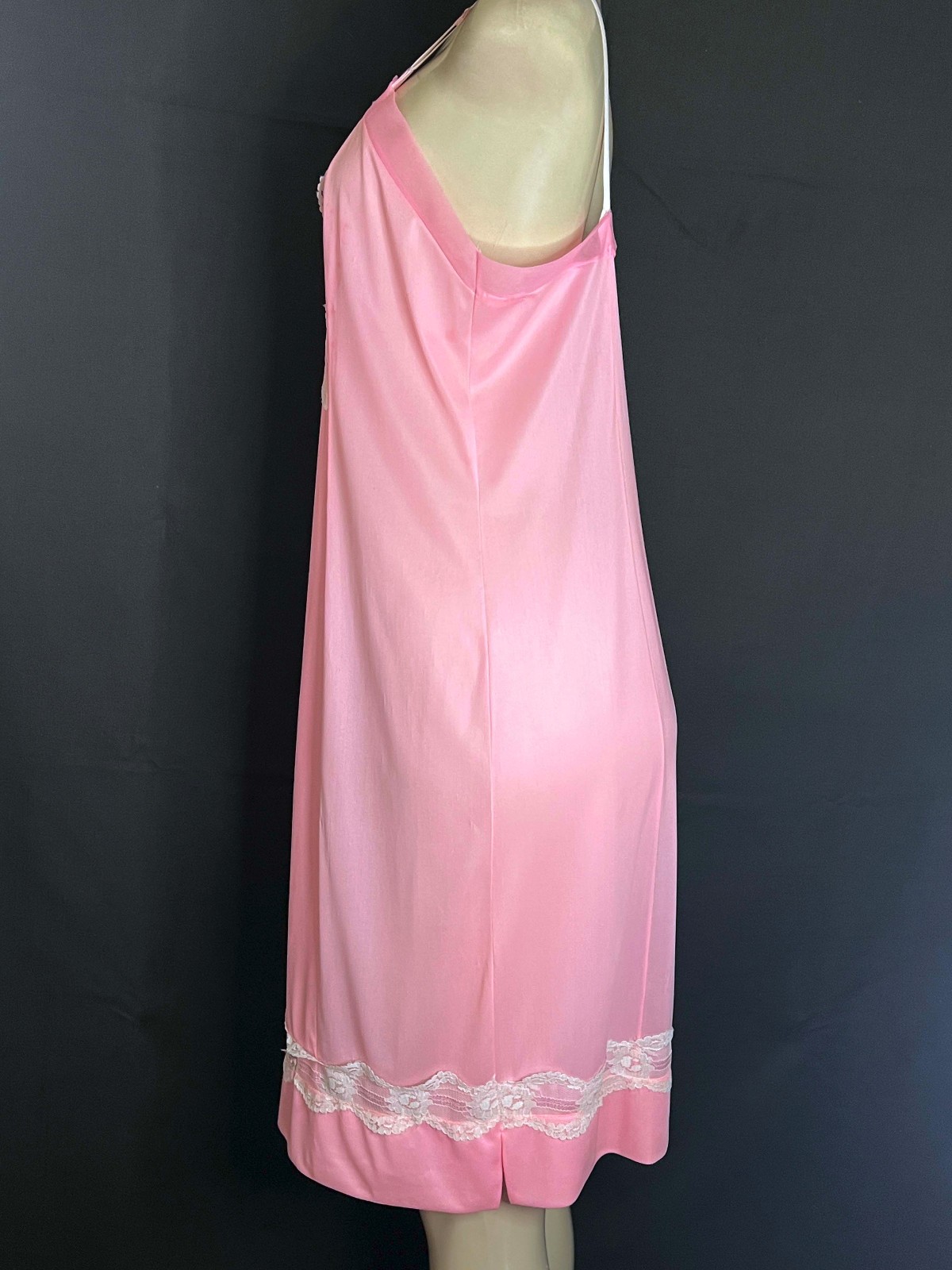 Vintage 50’s Pink Nylon Satin Slip/ Nightgown/ Lace Trim- Sz. 38