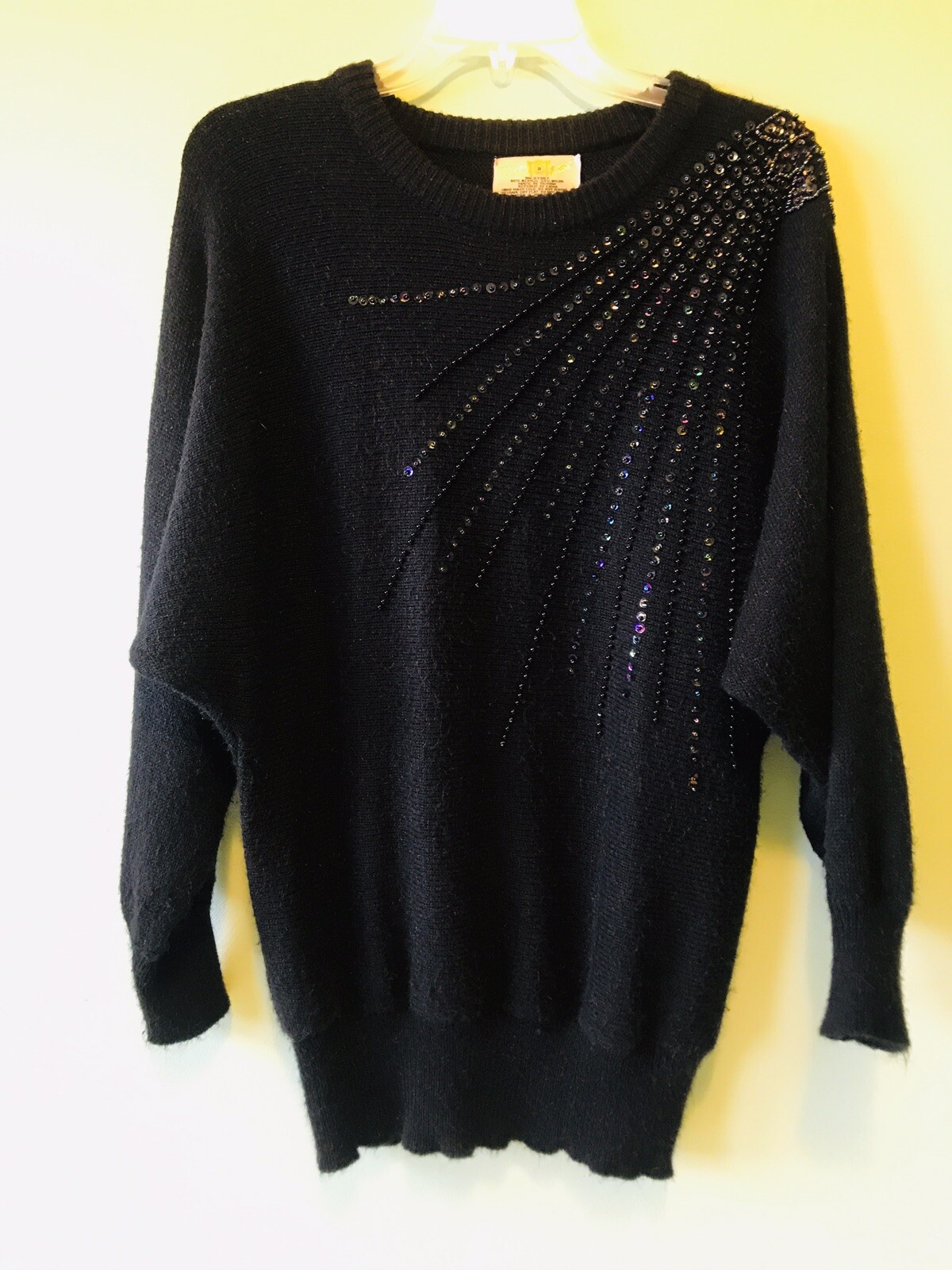 True Vintage 1980s Cyn Les Shirlee Designs Black Beaded Batwing Sweater Large