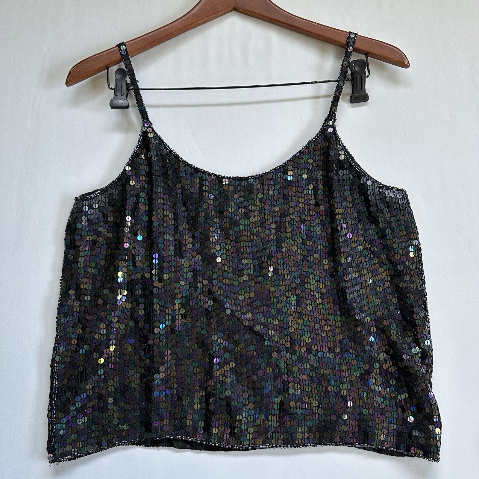 VTG 100% Silk Sequins Beaded Spaghetti Black Strap Top Spell Bound Size Medium