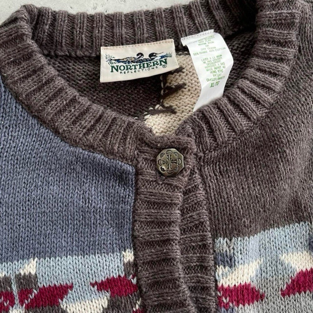 Vintage Northern Reflections Gray Knit Winter Polar Bear Cottage Cardigan XL 90s