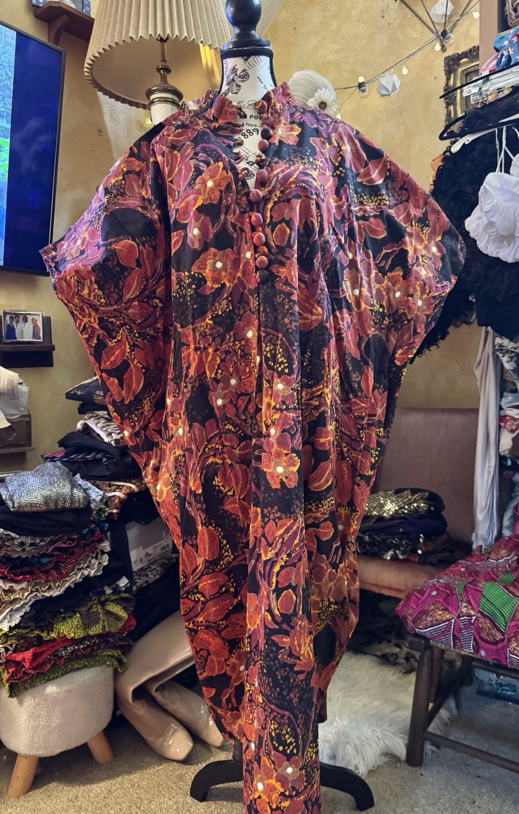 Vtg Caftan Alice California Perma Press Maxi Dress Covered Buttons Rare Goddess