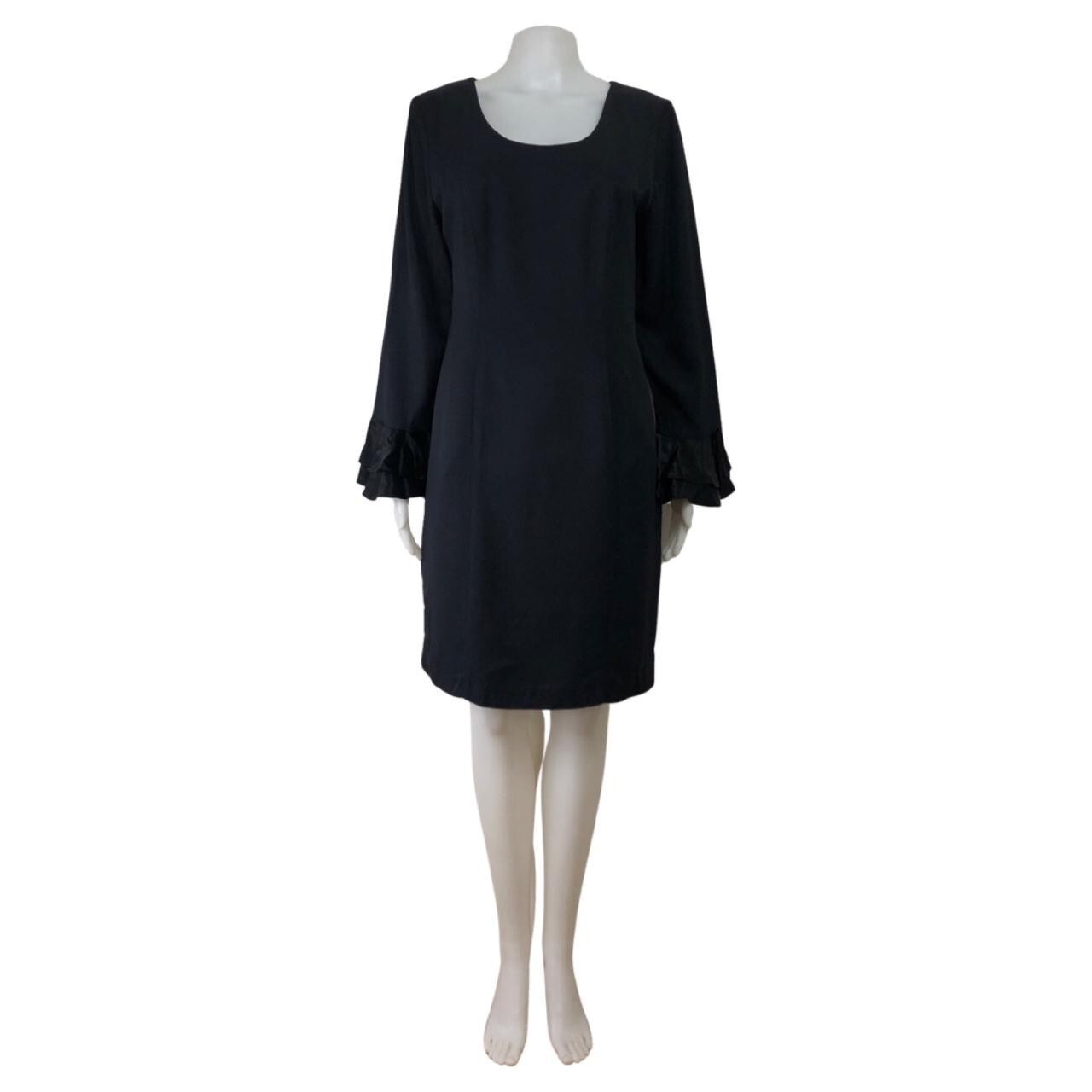 Vintage Black Cocktail Dress Size Medium 1990s Crepe Sheath with Ruffle Cuffs