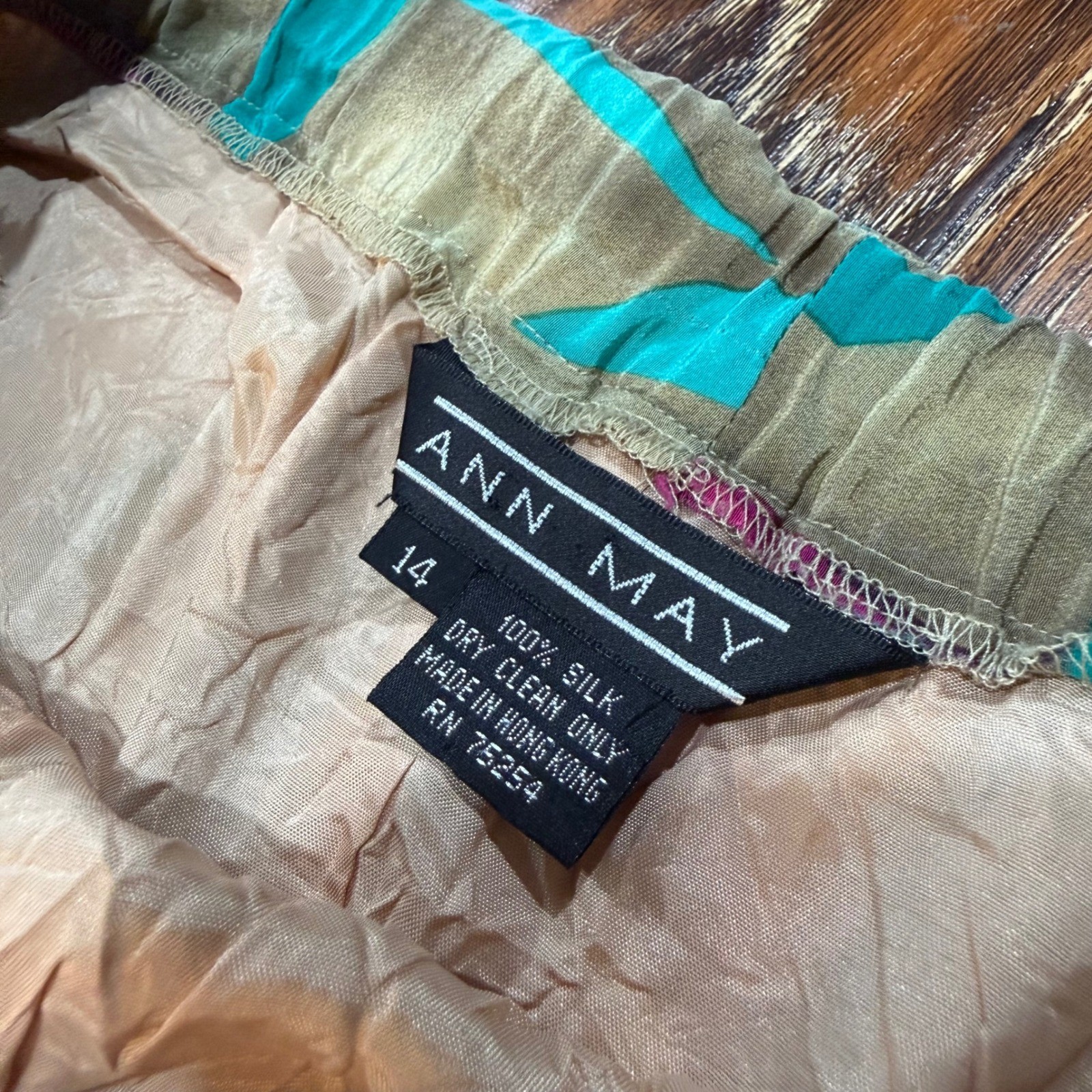 Vintage 100% Silk Ann May Women Size 14 Parrot Print Midi Skirt Tan Teal