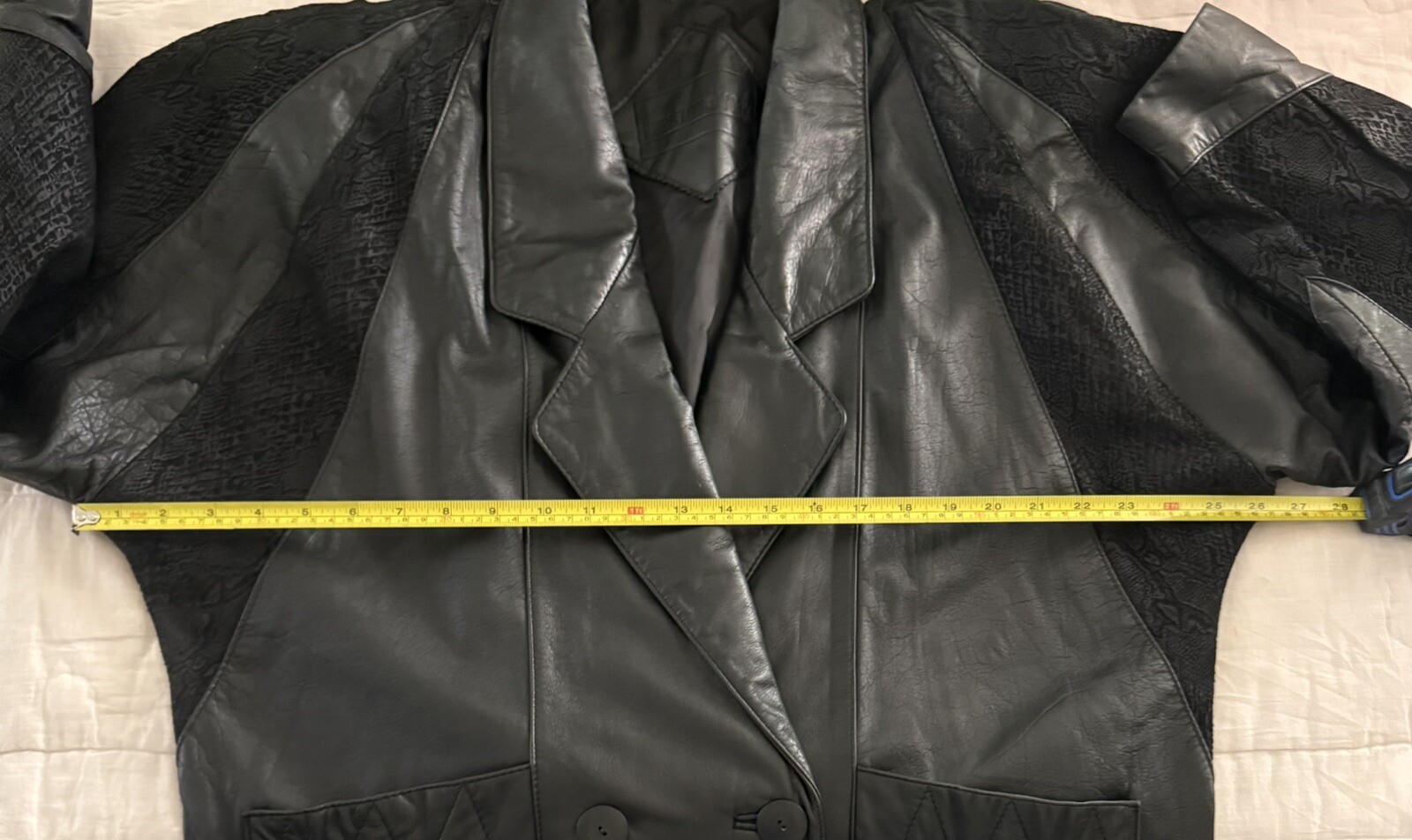 Vtg 80s Preston & York Leather Coat sz M BLack Embossed Paisley Suede Modern